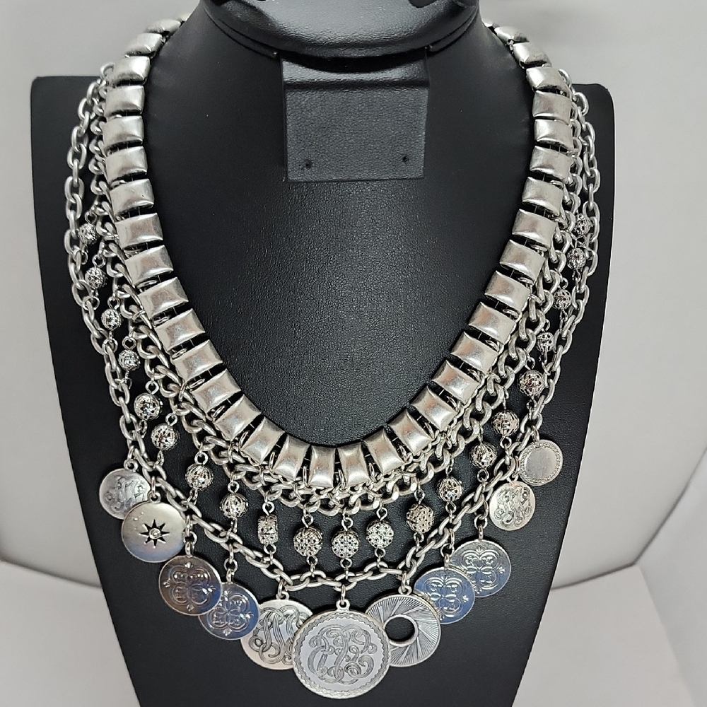 Chico's Silvertone Layered Disc Statement Necklace